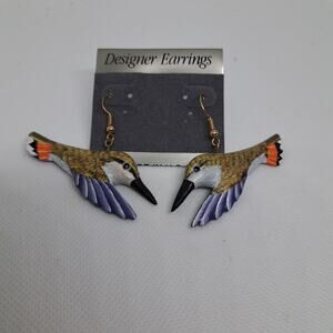 80's Handmade Handpainted Flying Hummingbird Dangle pierced earrings